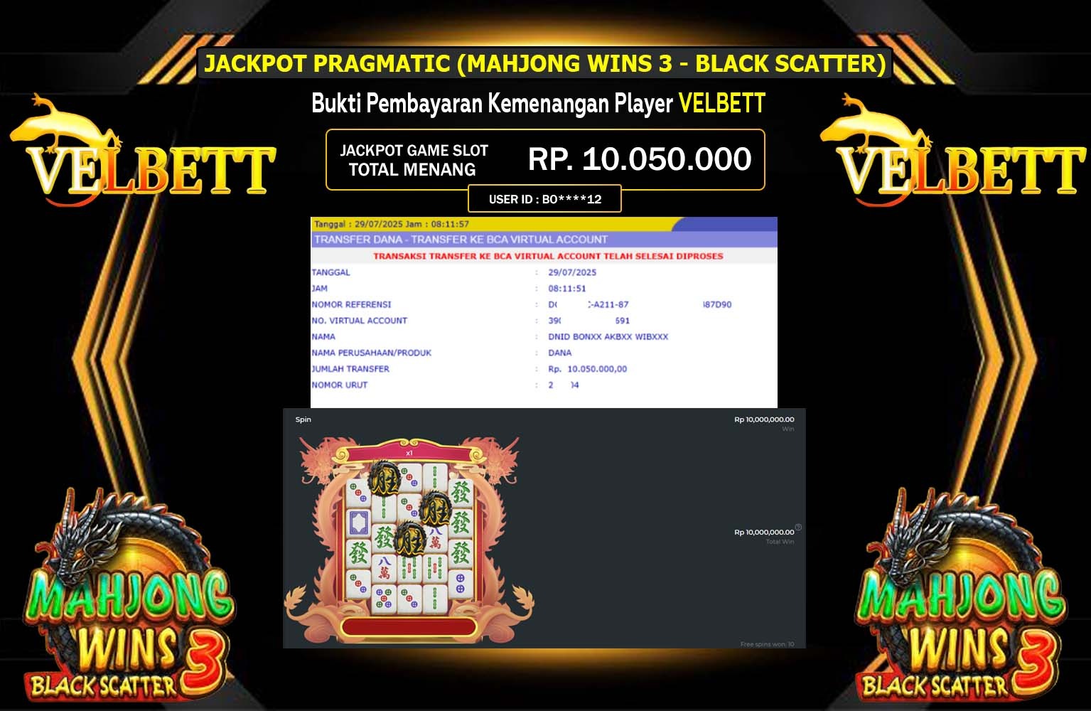 VELBETT JACKPOT PRAGMATIC (MAHJONG WINS 3 - BLACK SCATTER) Rp.10.050.000,- LUNAS