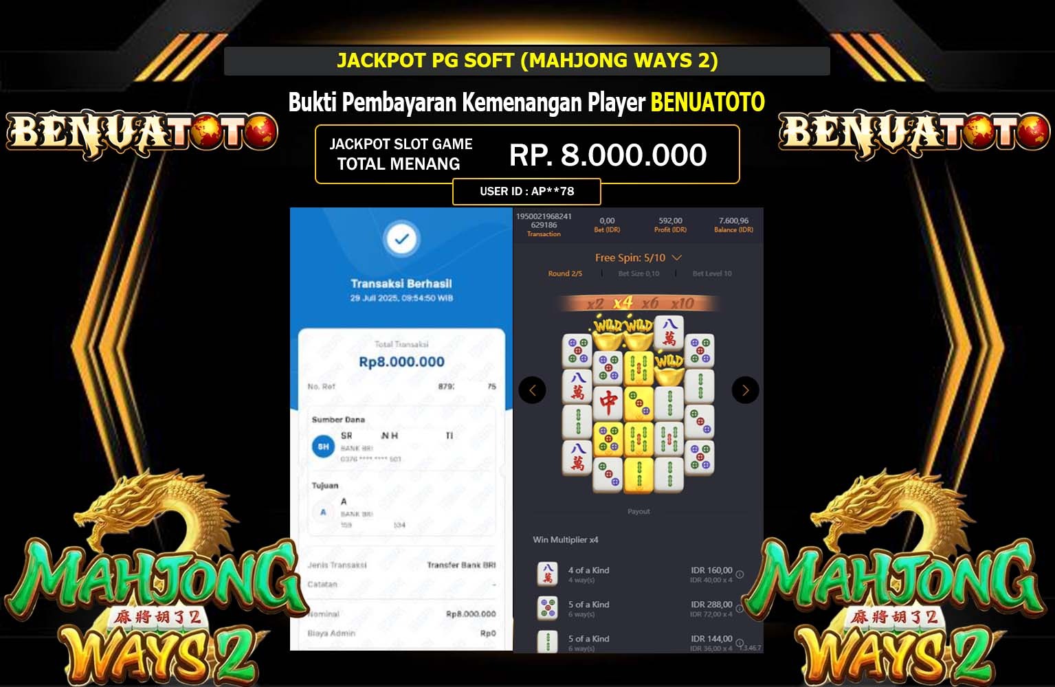 BENUATOTO JACKPOT PG SOFT (MAHJONG WAYS 2) Rp.8.000.000,- LUNAS