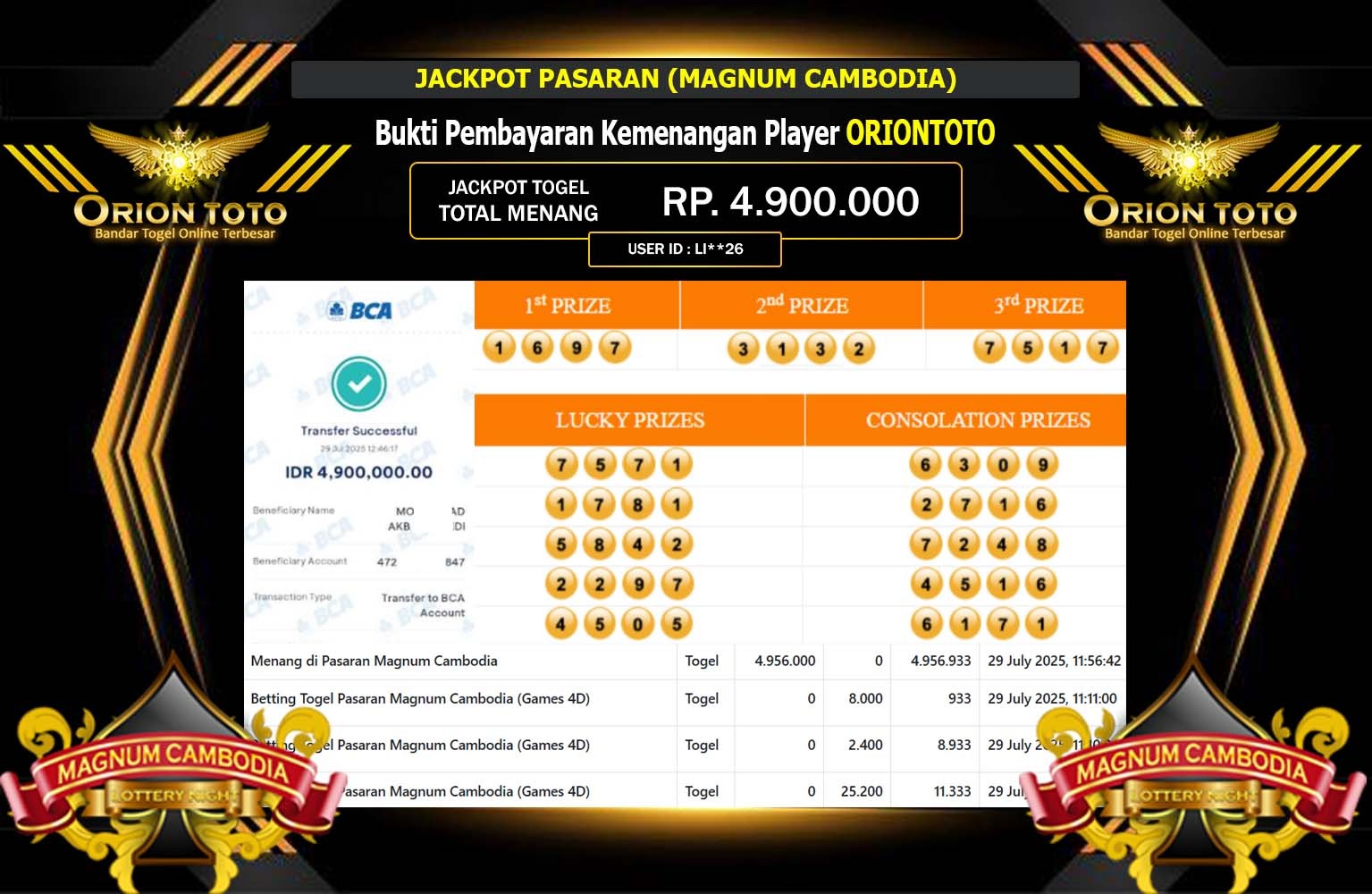 ORIONTOTO JACKPOT PASARAN (MAGNUM CAMBODIA) Rp.4.900.000,- LUNAS