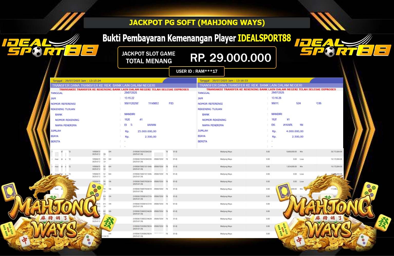 IDEALSPORT88 JACKPOT PG SOFT (MAHJONG WAYS) Rp.29.000.000,- LUNAS