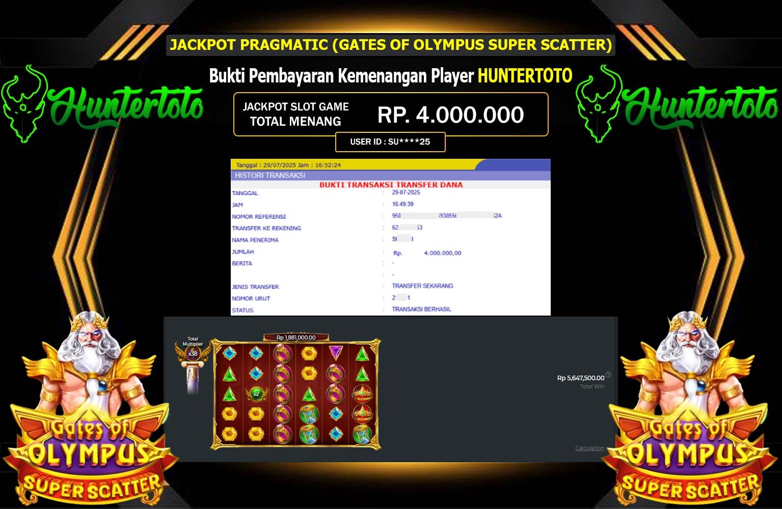 HUNTERTOTO JACKPOT PRAGMATIC (GATES OF OLYMPUS SUPER SCATTER) Rp.4.000.000,- LUNAS