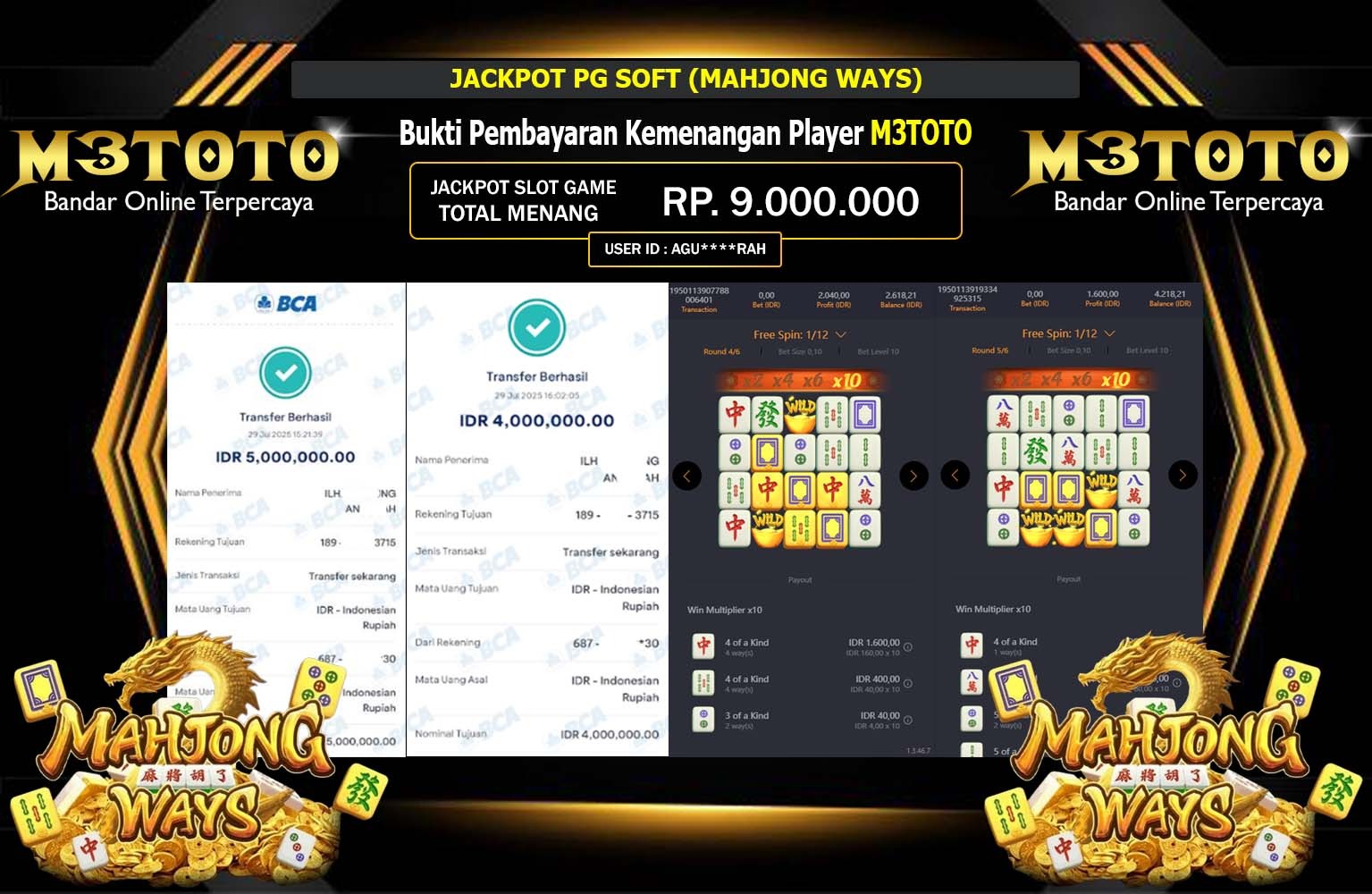 M3TOTO JACKPOT PG SOFT (MAHJONG WAYS) Rp.9.000.000,- LUNAS