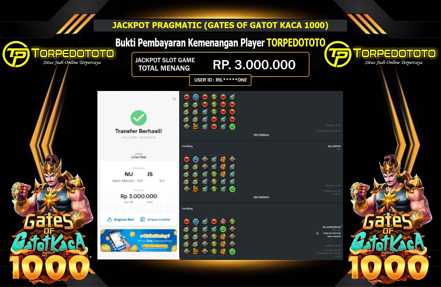 TORPEDOTOTO JACKPOT PRAGMATIC (GATES OF GATOT KACA 1000) Rp.3.000.000,- LUNAS