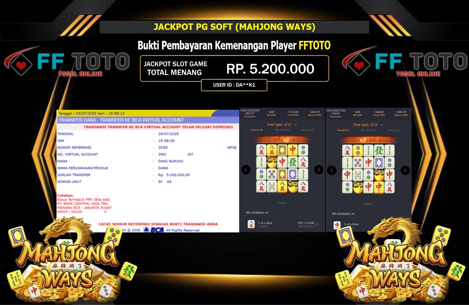 FFTOTO JACKPOT PG SOFT (MAHJONG WAYS) Rp.5.200.000,- LUNAS