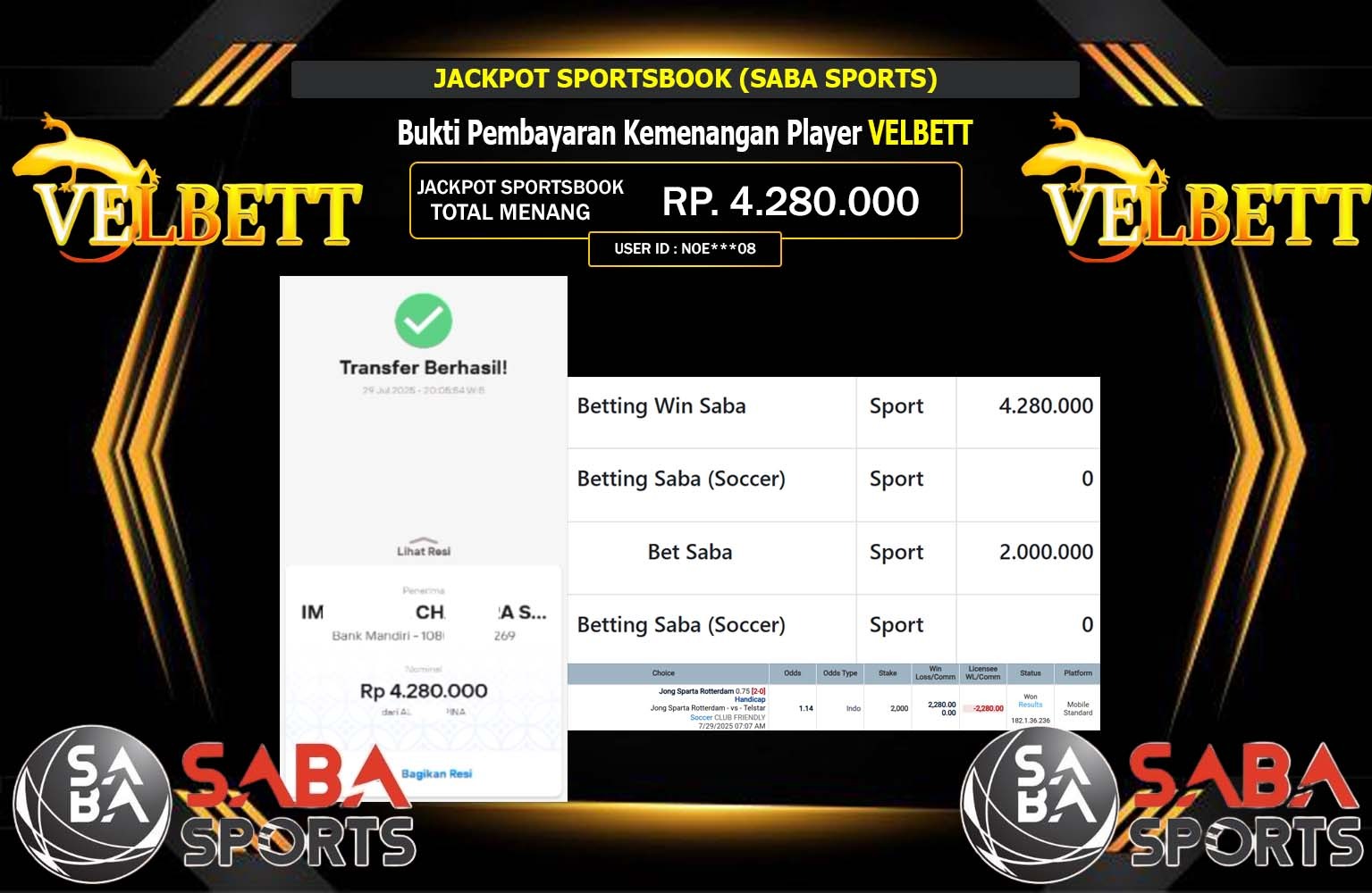 VELBETT JACKPOT SPORTSBOOK (SABA SPORTS) Rp.4.280.000,- LUNAS