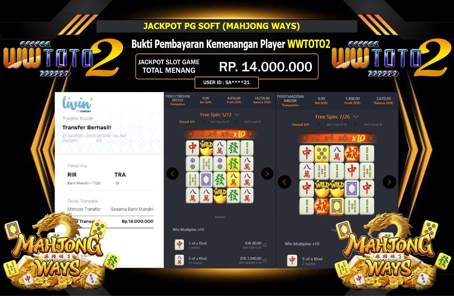 WWTOTO2 JACKPOT PG SOFT (MAHJONG WAYS) Rp.14.000.000,- LUNAS