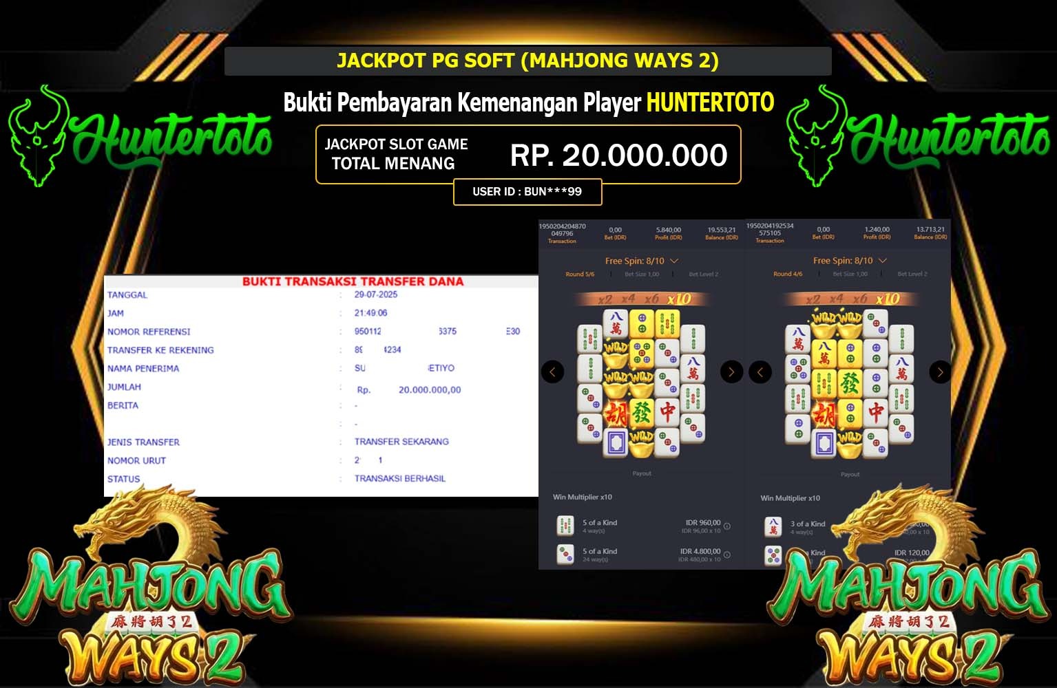 HUNTERTOTO JACKPOT PG SOFT (MAHJONG WAYS 2) Rp.20.000.000,- LUNAS