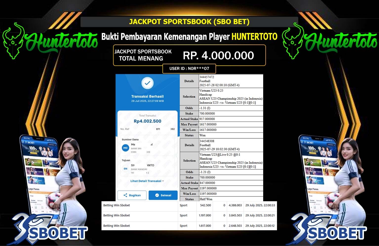 HUNTERTOTO JACKPOT SPORTSBOOK (SBO BET) Rp.4.000.000,- LUNAS