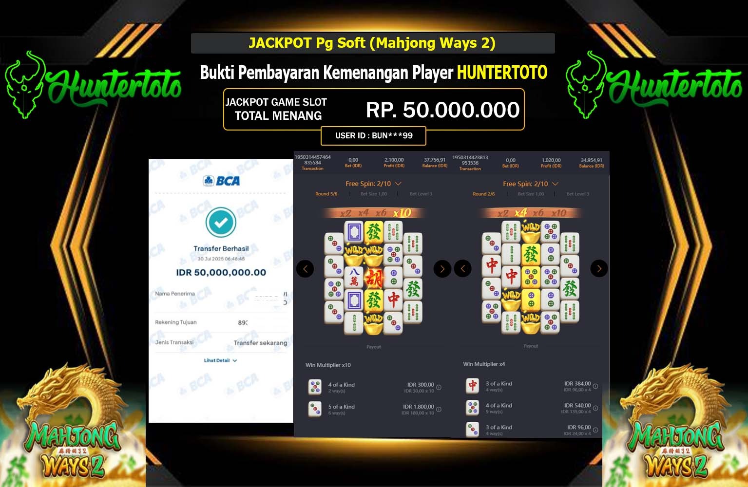HUNTERTOTO JACKPOT PG SOFT (MAHJONG WAYS 2) Rp.50.000.000,- LUNAS