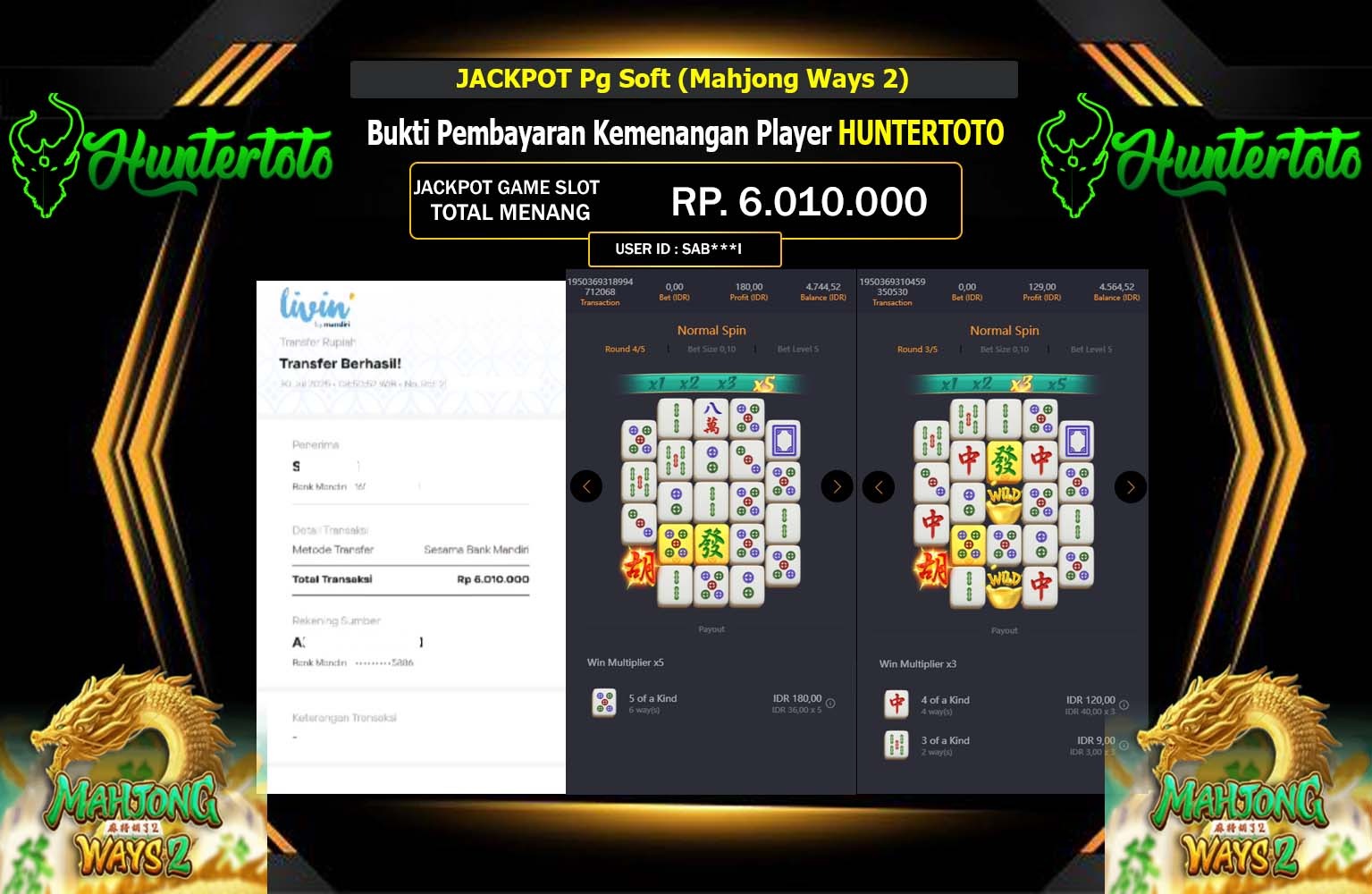 HUNTERTOTO JACKPOT PG SOFT (MAHJONG WAYS 2) Rp.6.010.000,- LUNAS