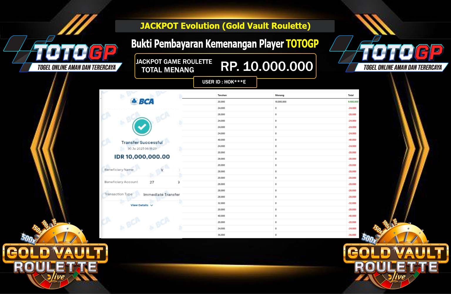 TOTOGP JACKPOT EVOLUTION (GOLD VAULT ROULETTE) Rp.10.000.000,- LUNAS
