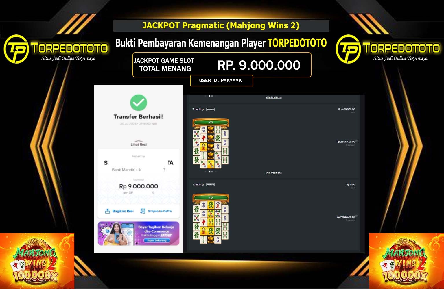 TORPEDOTOTO JACKPOT PRAGMATIC (MAHJONG WINS 2) Rp.9.000.000,- LUNAS