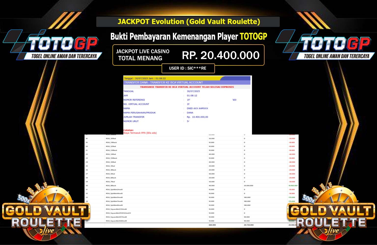 TOTOGP JACKPOT EVOLUTION (GOLD VAULT ROULETTE) Rp.20.400.000,- LUNAS