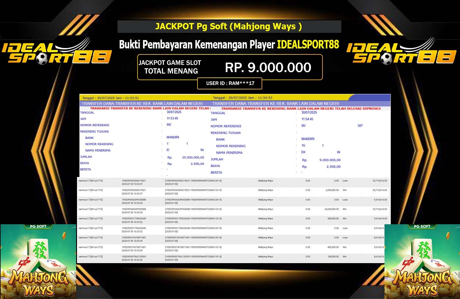 IDEALSPORT88 JACKPOT PG SOFT (MAHJONG WAYS) Rp.9.000.000,- LUNAS