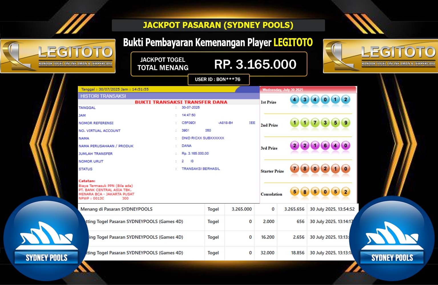 LEGITOTO JACKPOT PASARAN (SYDNEY POOLS) Rp.3.165.000,- LUNAS