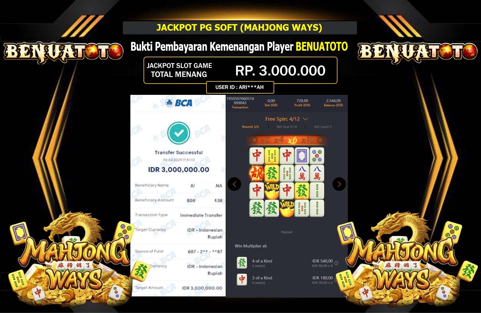 BENUATOTO JACKPOT PG SOFT (MAHJONG WAYSS) Rp.3.000.000,- LUNAS