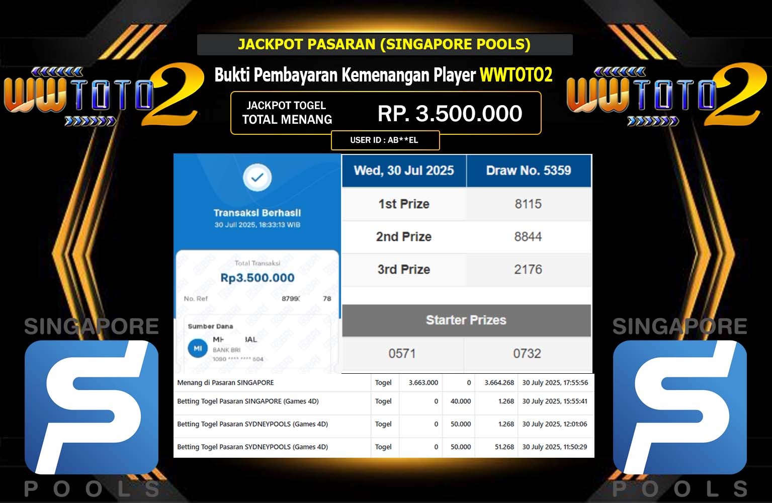WWTOTO2 JACKPOT PASARAN (SINGAPORE POOLS) Rp.3.500.000,- LUNAS