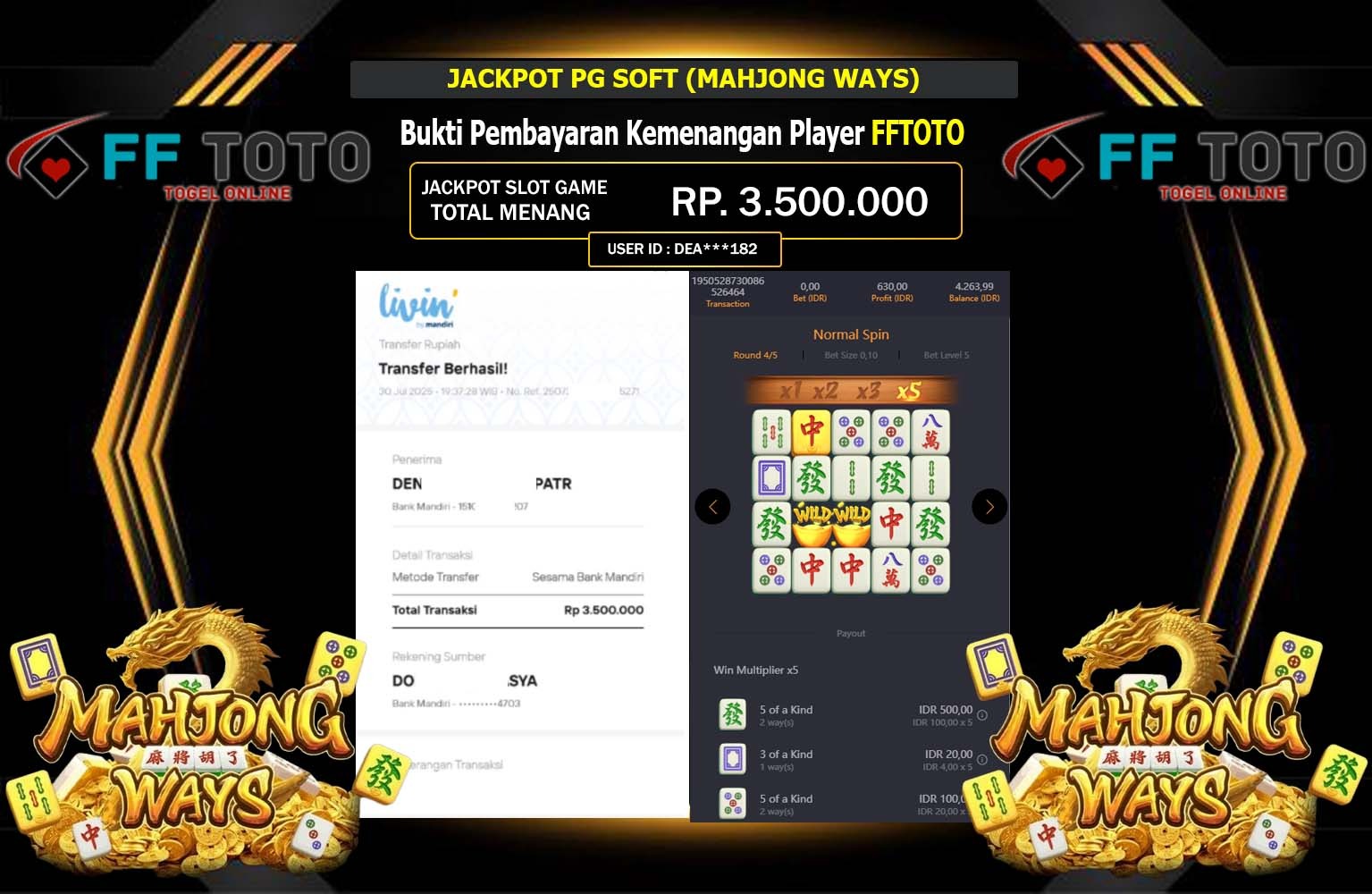 FFTOTO JACKPOT PG SOFT (MAHJONG WAYS) Rp.3.500.000,- LUNAS