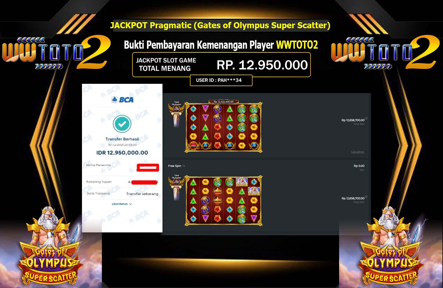 WWTOTO2 JACKPOT Pragmatic (Gates of Olympus Super Scetter )  Rp.12.950.000,- LUNAS