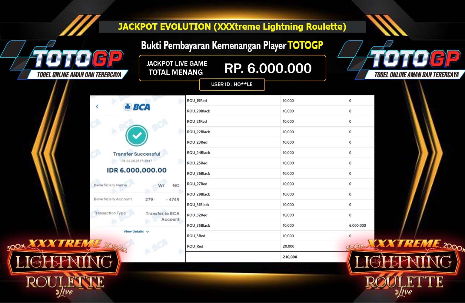 TOTOGP JACKPOT EVOLUTION XXXTREME LIGHTNING ROLULETTE Rp.6.000.000,- LUNAS