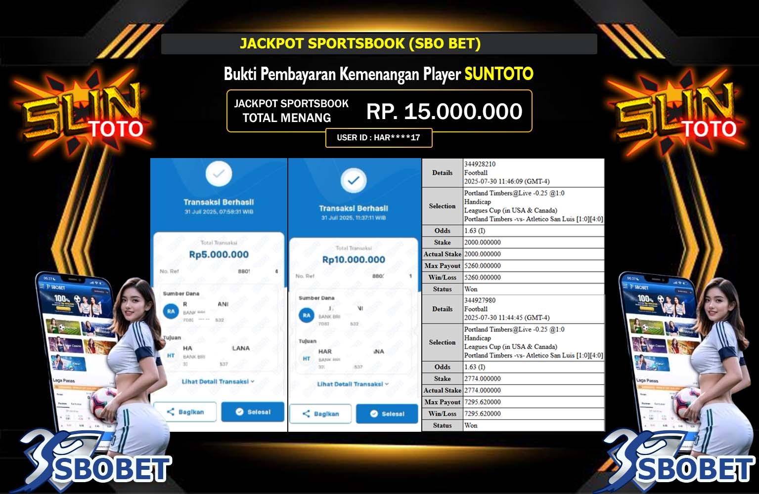 SUNTOTO JACKPOT SPORTSBOOK SBO BET Rp.15.000.000,- LUNAS
