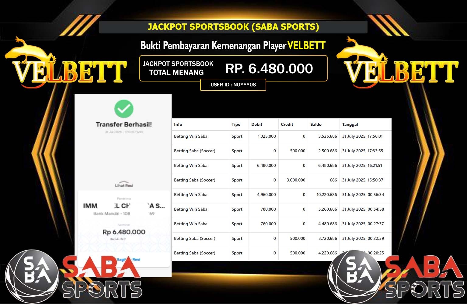 VELBETT JACKPOT SPORTSBOOK SABA SPORTS Rp.6.480.000,- LUNAS