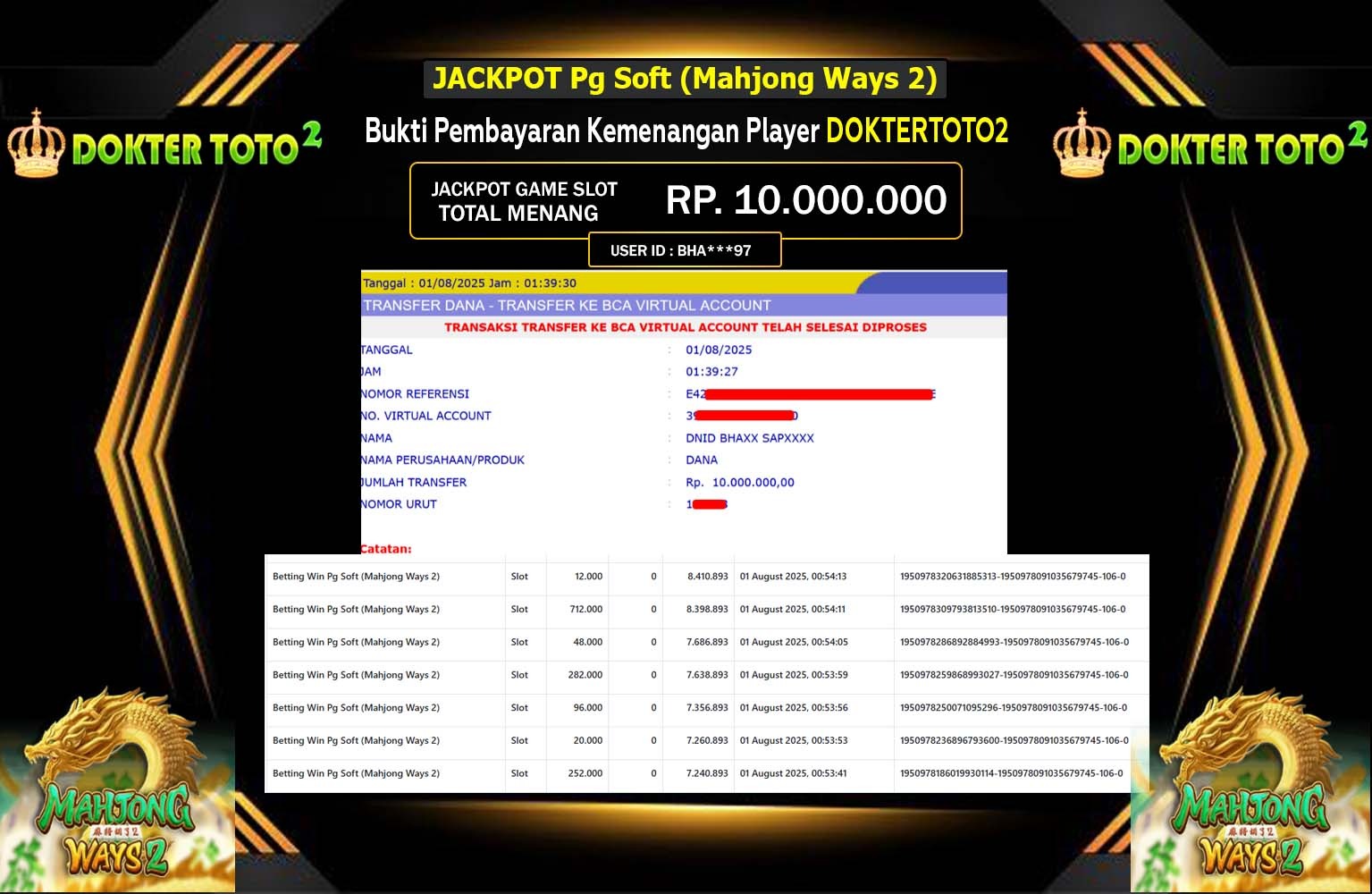DOKTERTOTO2 JACKPOT PG SOFT MAHJONG WAYS 2 Rp.10.000.000,- LUNAS