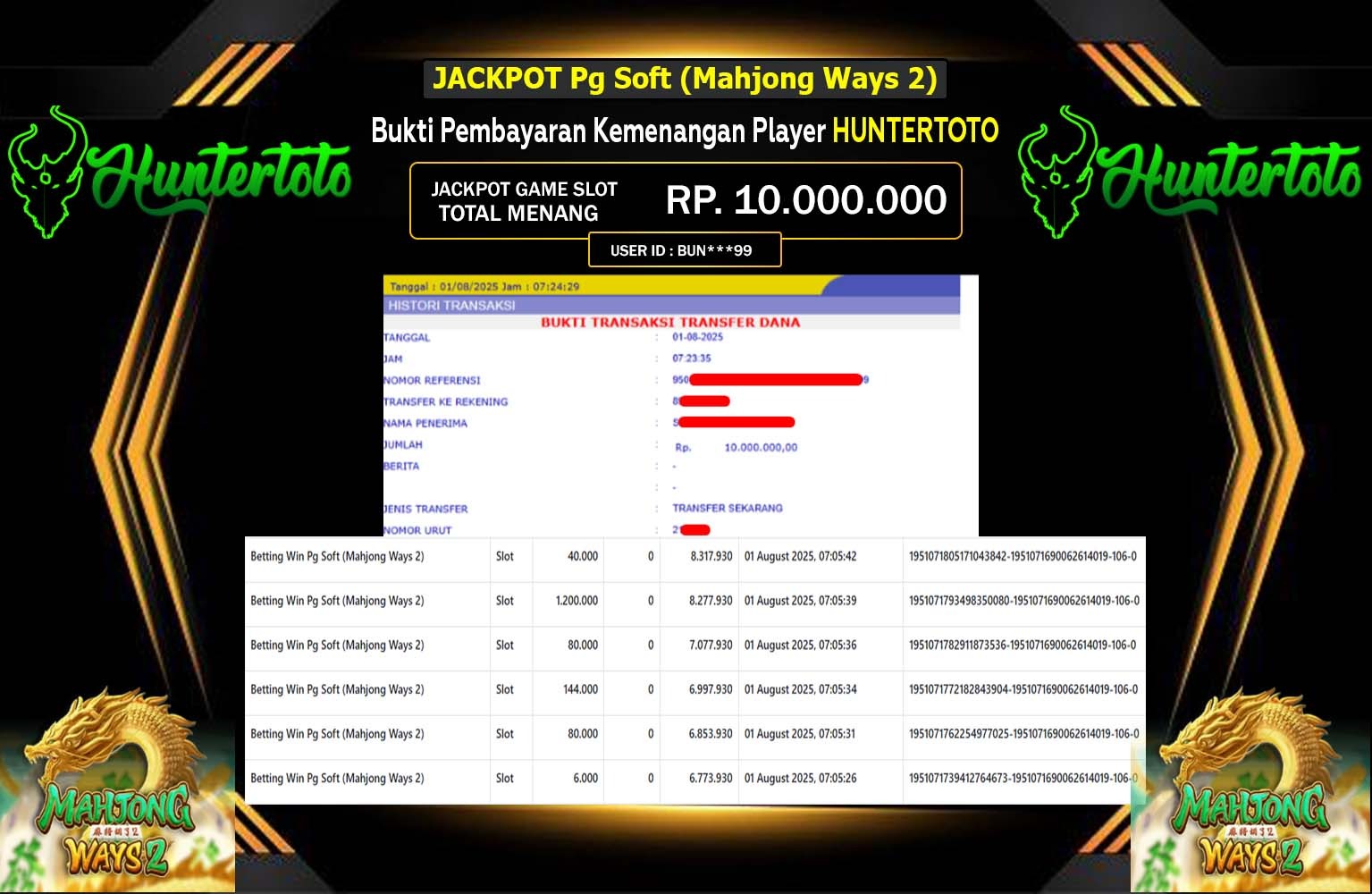 HUNTERTOTO JACKPOT PG SOFT (MAHJONG WAYS 2) Rp.10.000.000,- LUNAS