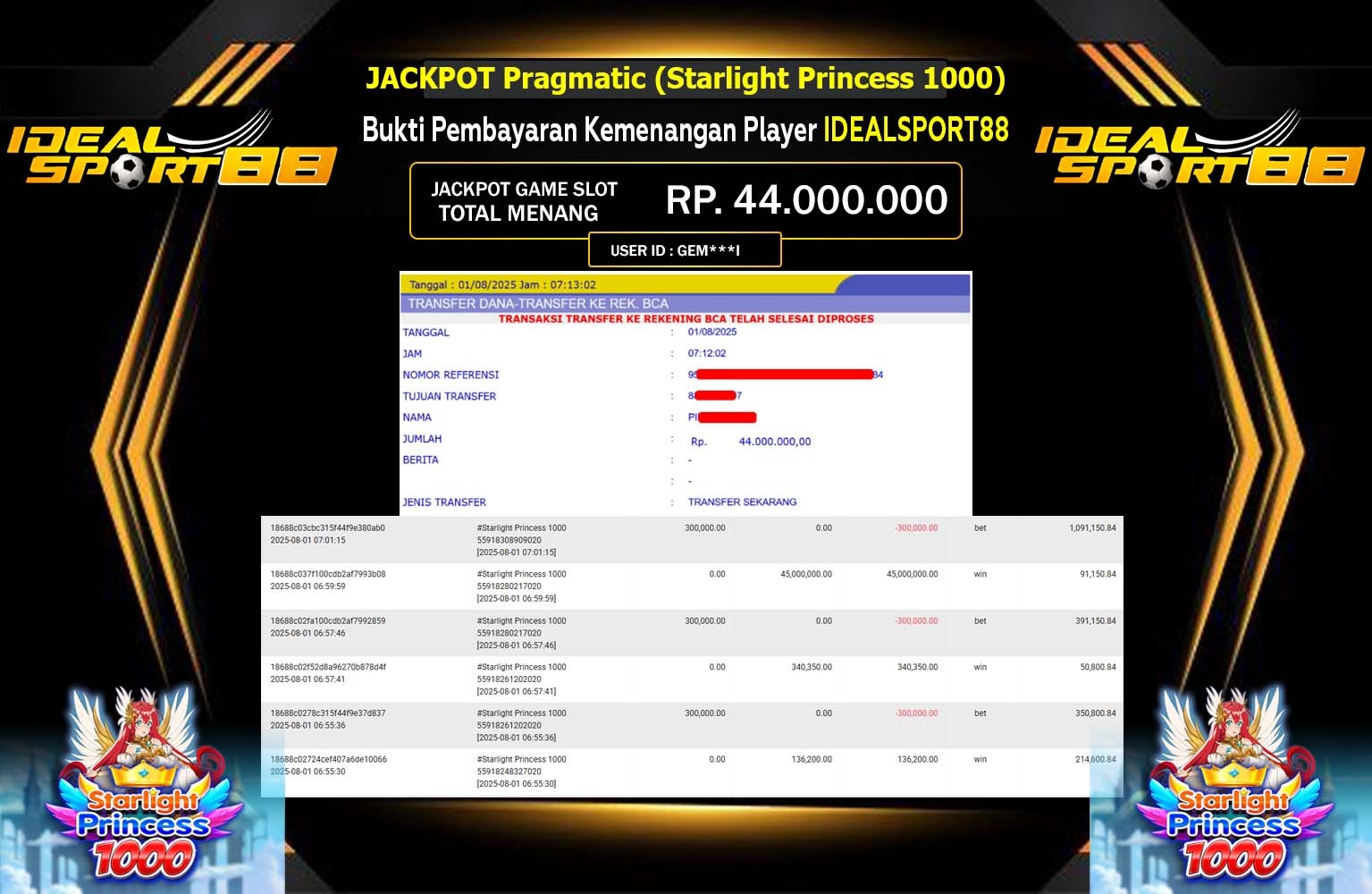 IDEALSPORT88 JACKPOT SLOT STARLIGHT PRINCESS 1000 Rp.44.000.000,- LUNAS