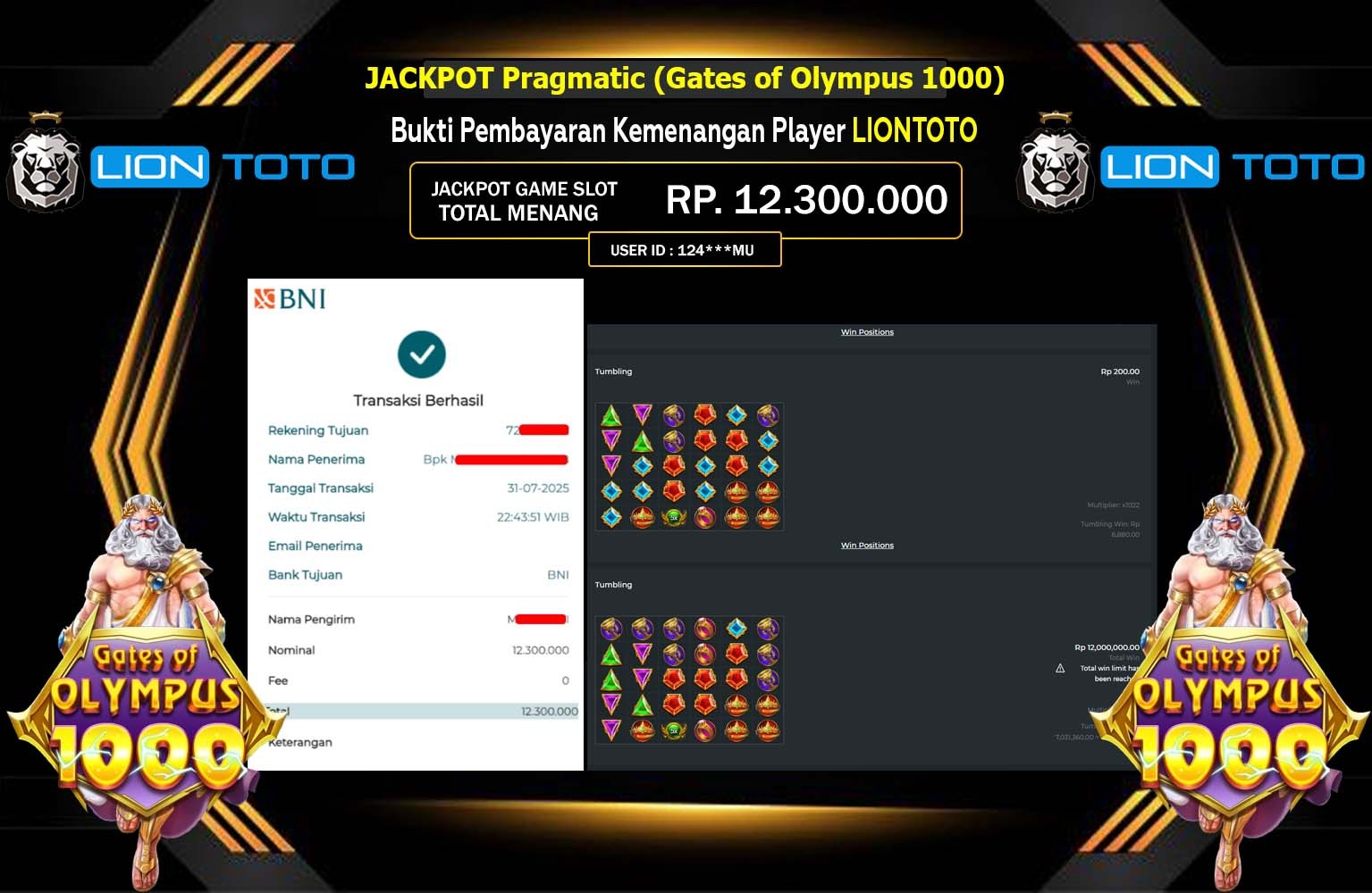 LIONTOTO JACKPOT Pragmatic (Gates of Olympus 1000)Rp.12.300.000,- LUNAS