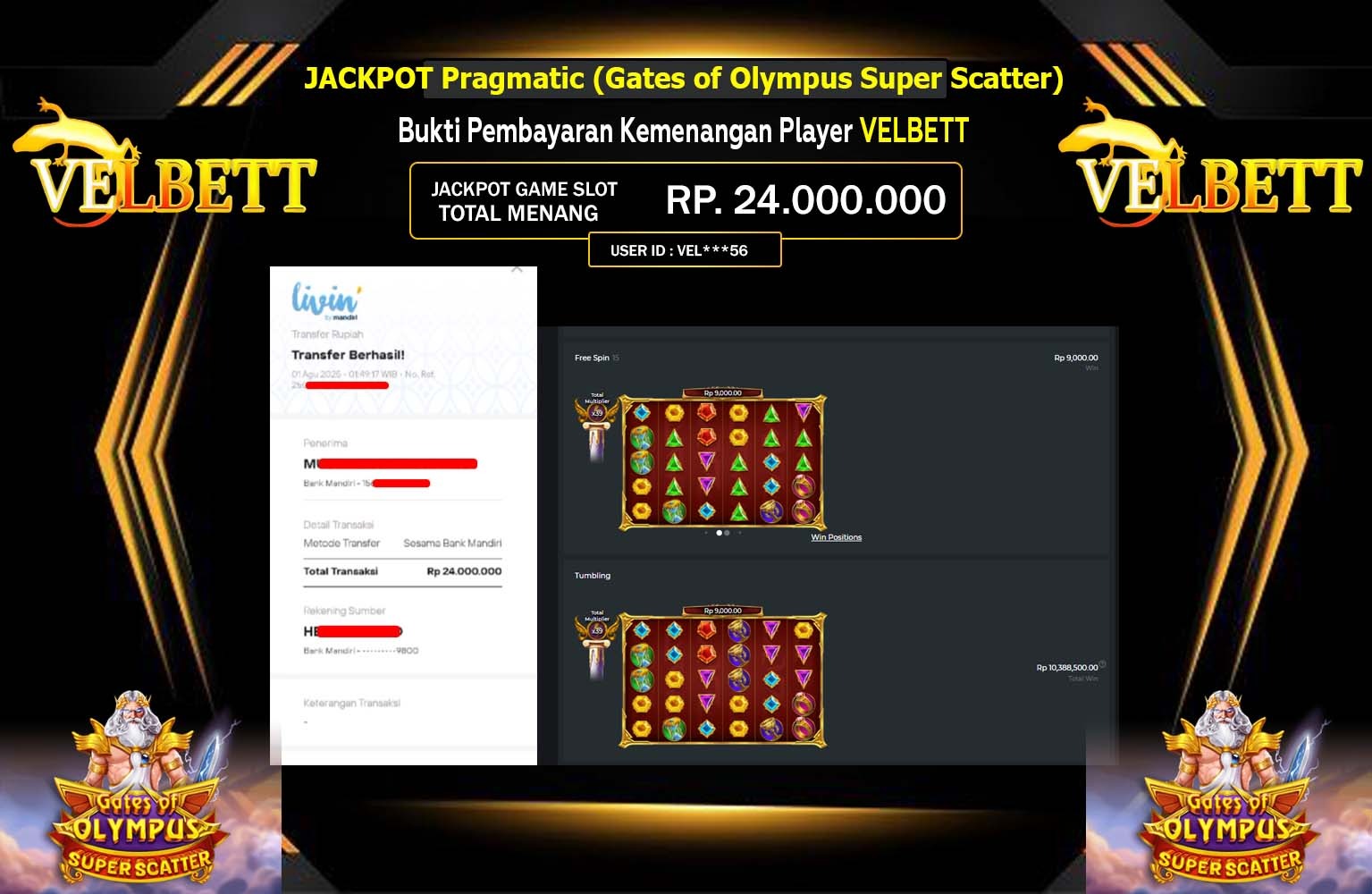VELBETT JACKPOT Pragmatic (Gates of Olympus Super Scatter) Rp.24.000.000,- LUNAS