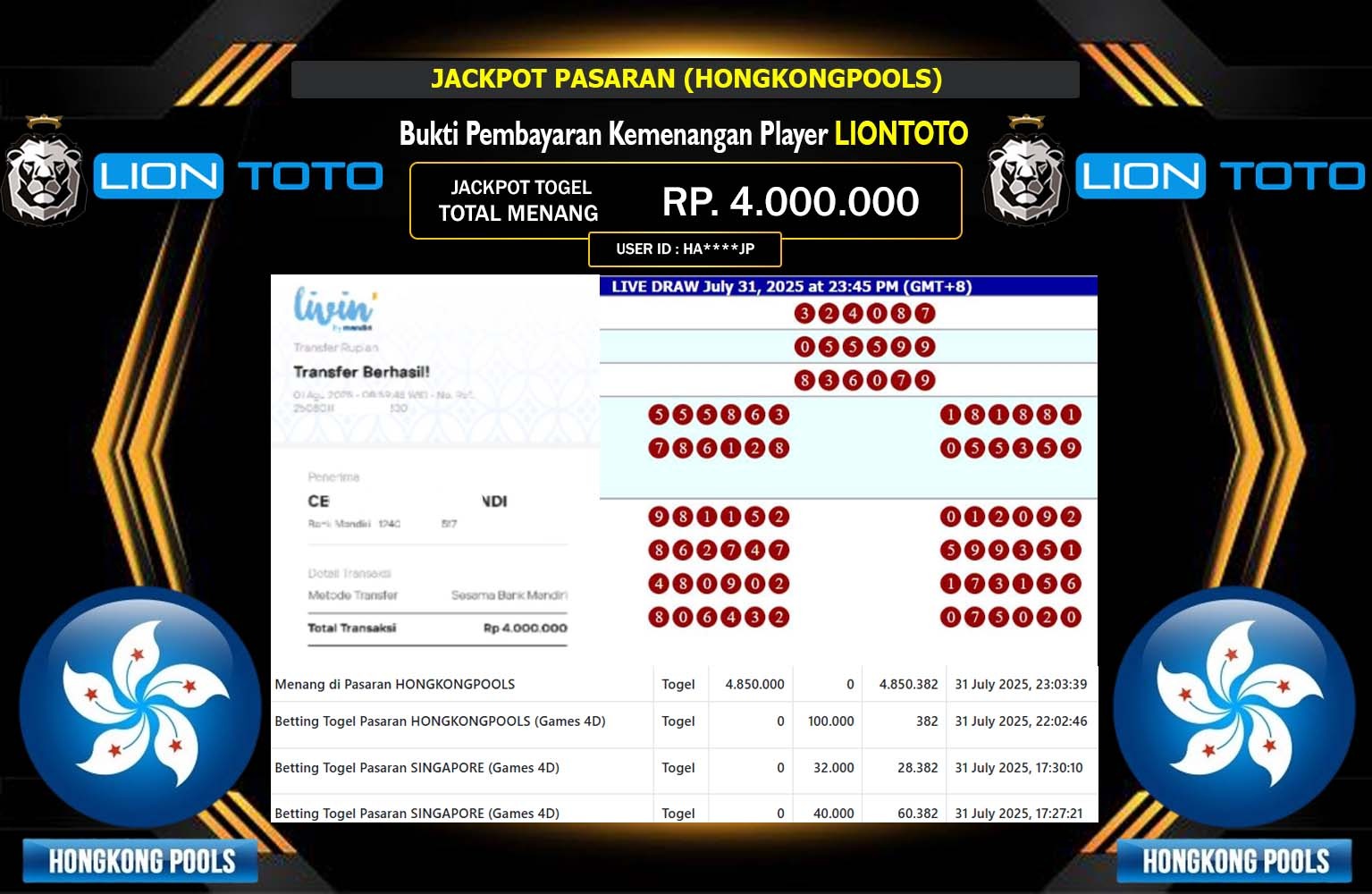 LIONTOTO JACKPOT PASARAN HONGKONGPOOLS Rp.4.000.000,- LUNAS