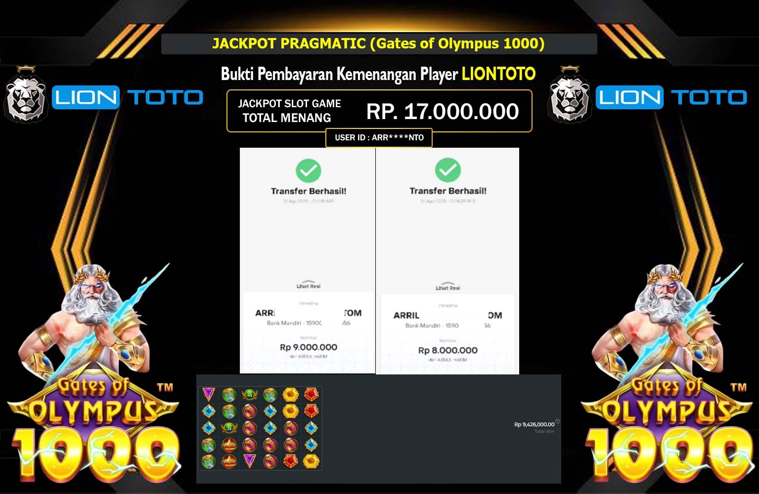 LIONTOTO JACKPOT PRAGMATIC GATES OF OLYMPUS 1000 Rp.17.000.000,- LUNAS