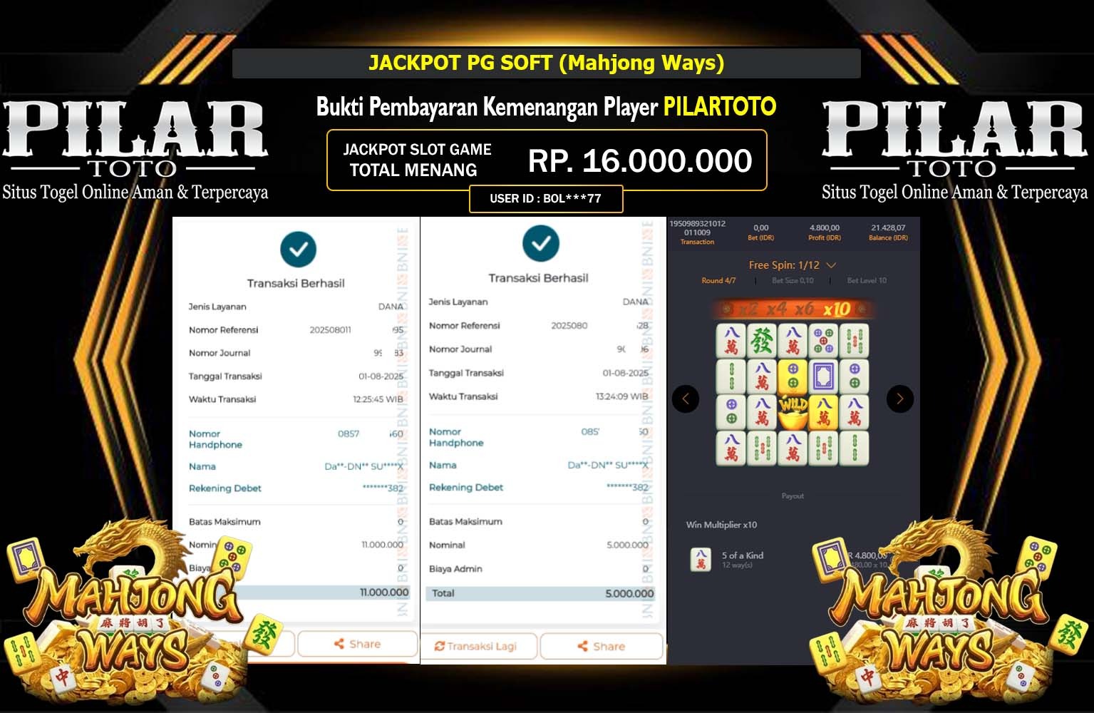 PILARTOTO JACKPOT PG SOFT MAHJONG WAYS Rp.16.000.000,- LUNAS