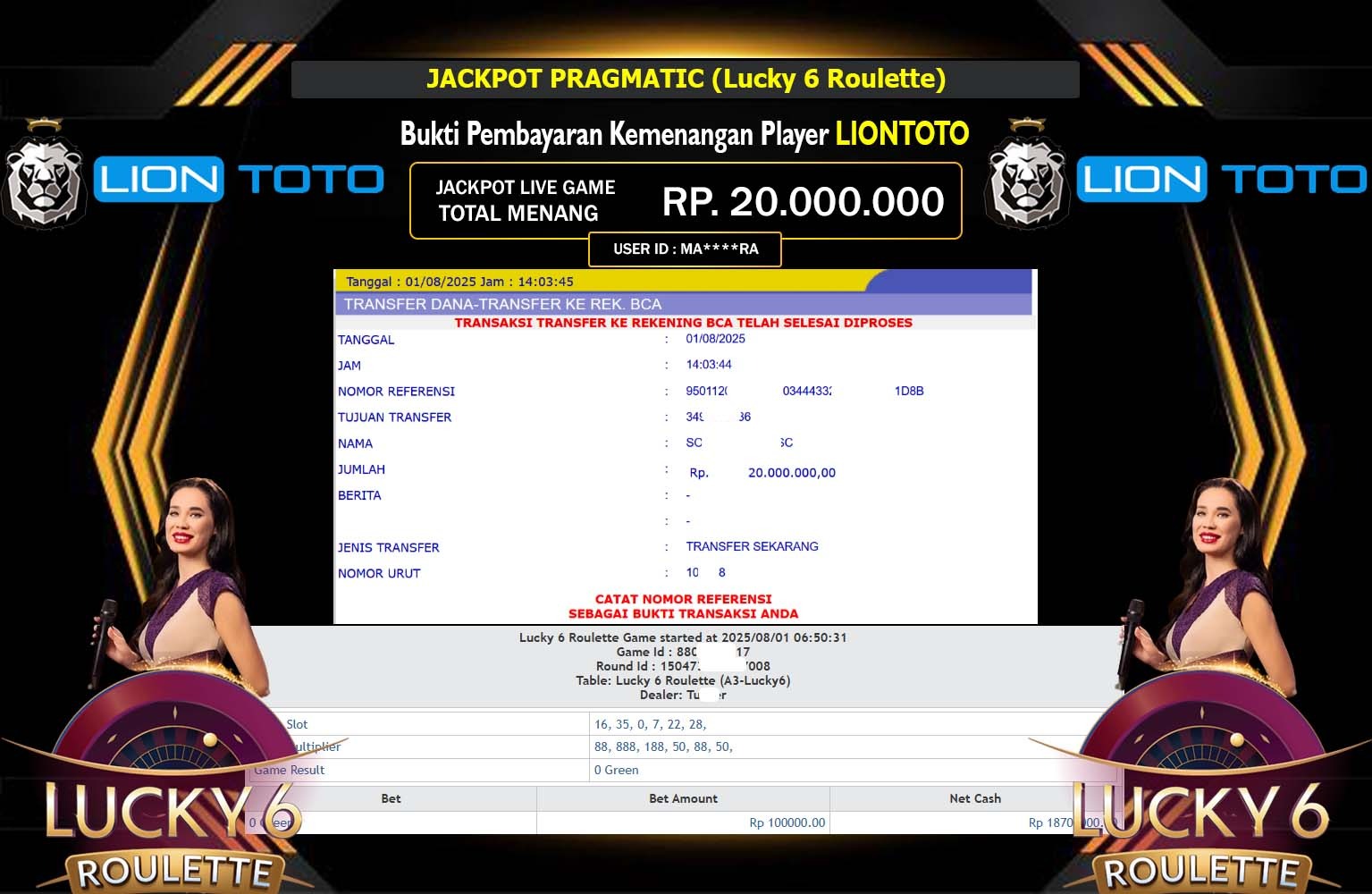 LIONTOTO JACKPOT PRAGMATIC LUCKY 6 ROULETTE Rp.20.000.000,- LUNAS