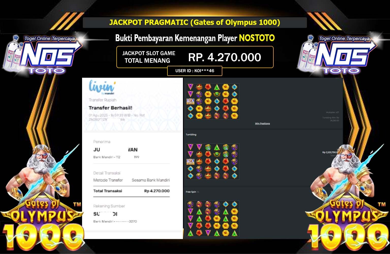 NOSTOTO JACKPOT PRAGMATIC GATES OF OLYMPUS 1000 Rp.4.270.000,- LUNAS