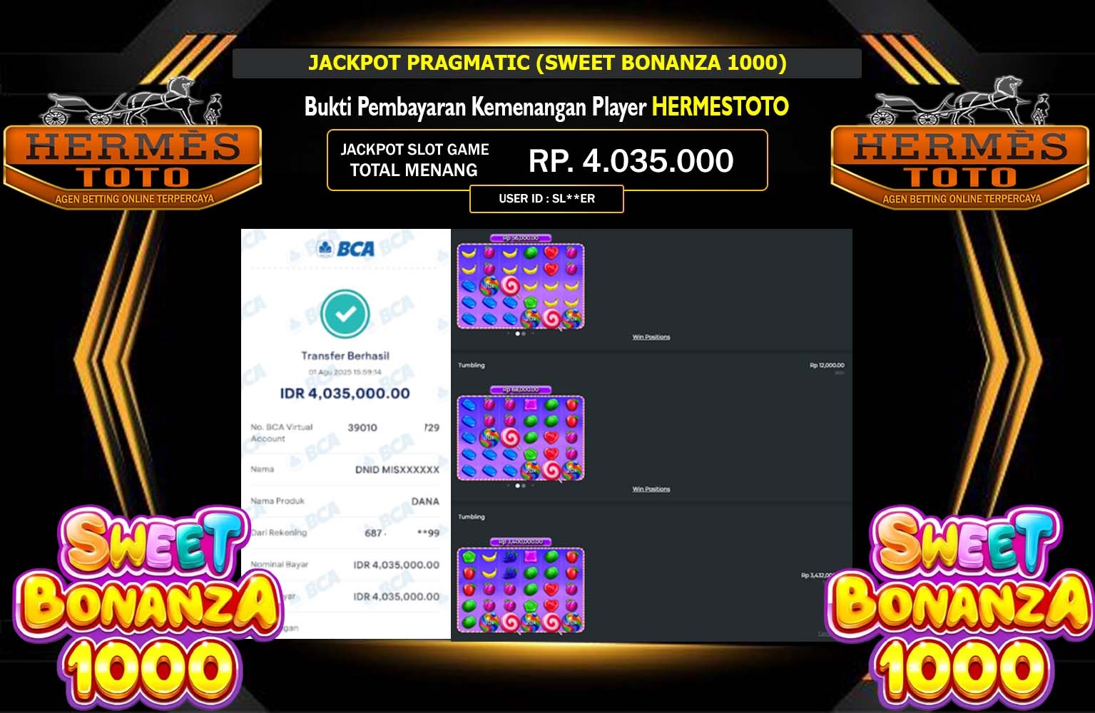 HERMESTOTO JACKPOT PRAGMATIC SWEET BONANZA 10000 Rp.4.035.000,- LUNAS