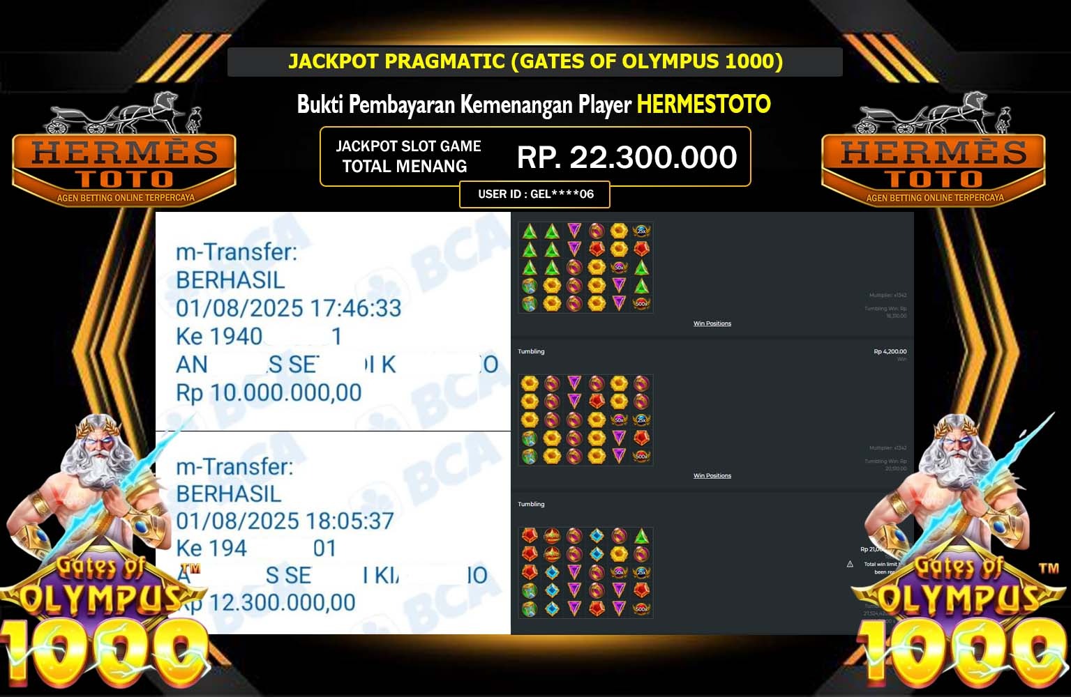 HERMESTOTO JACKPOT PRAGMATIC GATES OF OLYMPUS 1000 Rp.22.300.000,- LUNAS