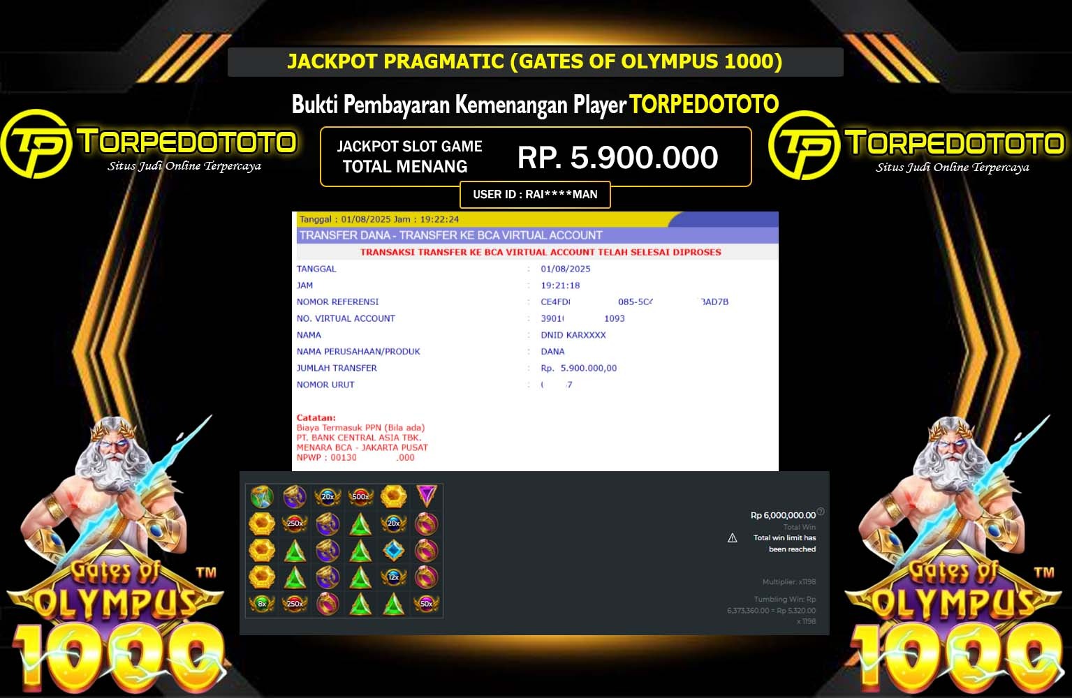 TORPEDOTOTO JACKPOT PRAGMATIC GATES OF OLYMPUS 1000 Rp.5.900.000,- LUNAS