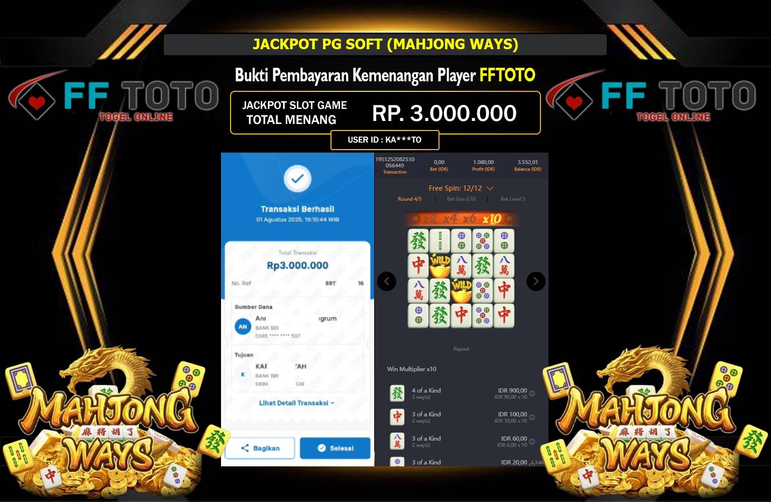 FFTOTO JACKPOT PG SOFT MAHJONG WAYS Rp.3.000.00,- LUNAS