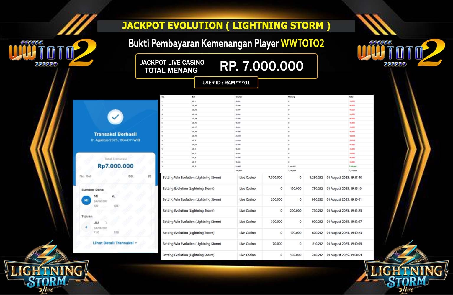 WWTOTO2 JACKPOT EVOLUTION LIGHTNING STORM Rp.7.000.000,- LUNAS