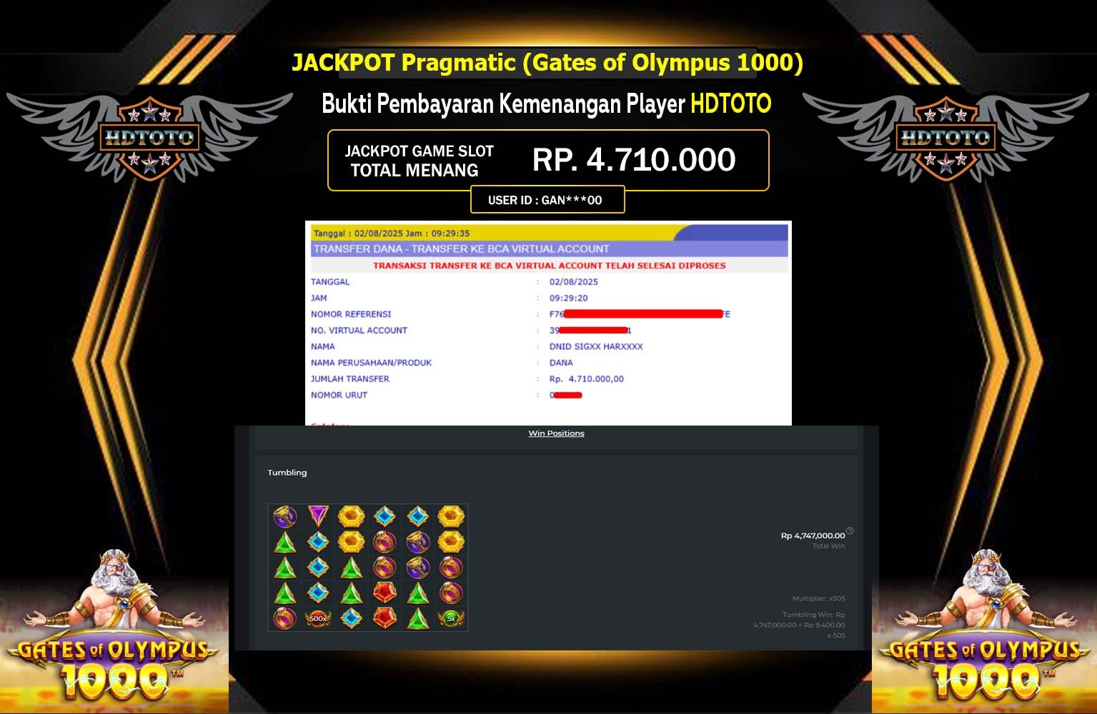 HDTOTO JACKPOT Pragmatic (Gates of Olympus 1000) Rp.4.710.000,- LUNAS
