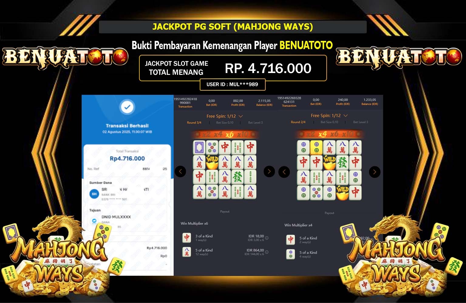 BENUATOTO JACKPOT PG SOFT MAHJONG WAYS Rp.4.716.000,- LUNAS