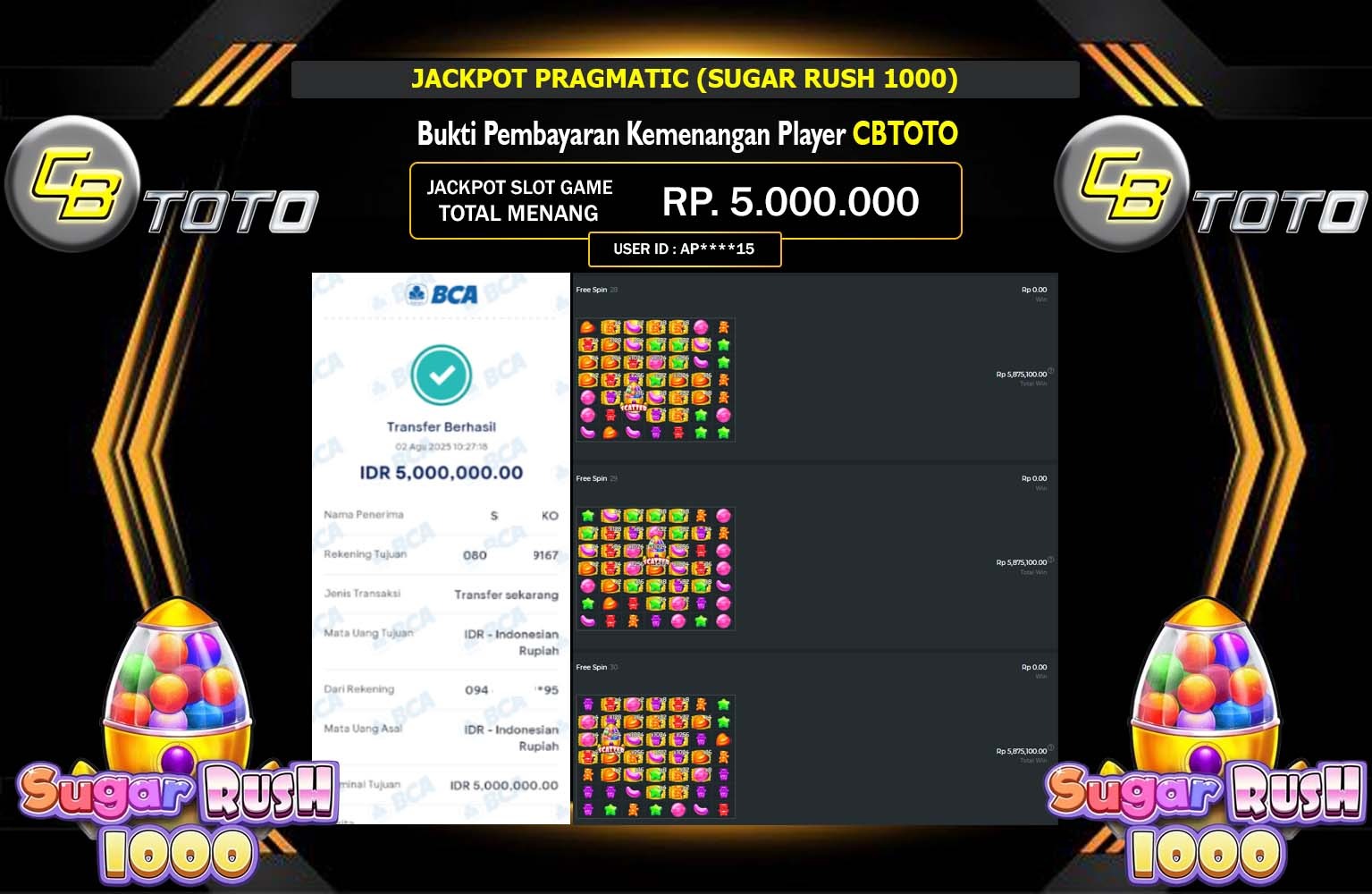 CBTOTO JACKPOT PRAGMATIC SUGAR RUSH 1000 Rp.5.000.000,- LUNAS