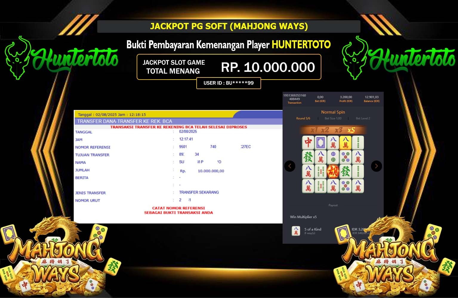 HUNTERTOTO JACKPOT PG SOFT MAHJONG WAYS Rp.10.000.000,- LUNAS