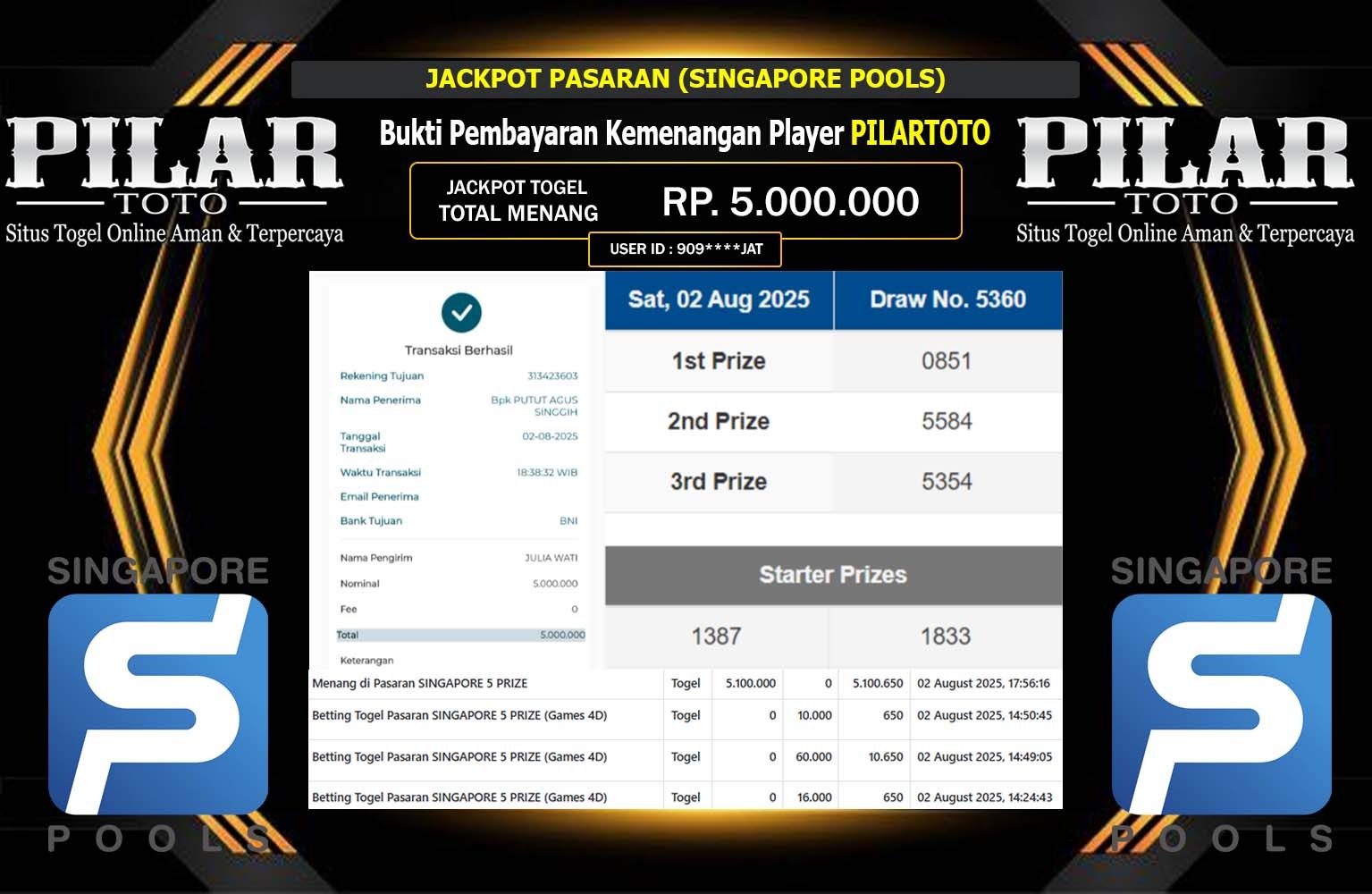 PILARTOTO JACKPOT PASARAN SINGAPORE POOLS Rp.5.000.000,- LUNAS