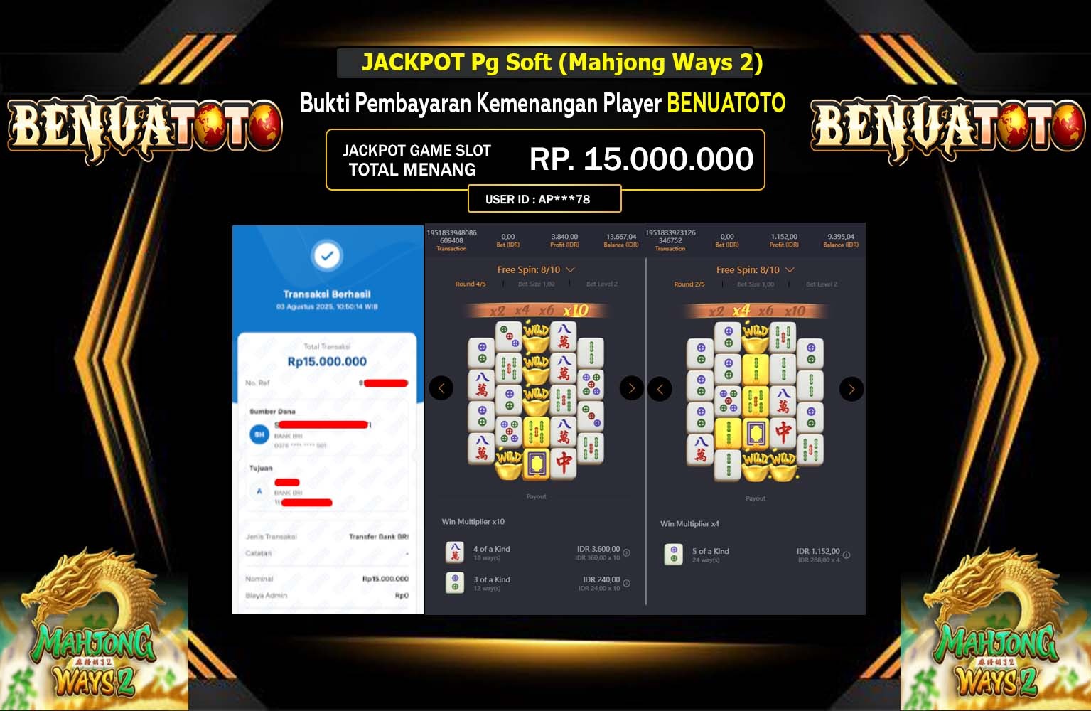 BENUATOTO JACKPOT PG SOFT (MAHJONG WAYS 2) Rp.15.000.000,- LUNAS