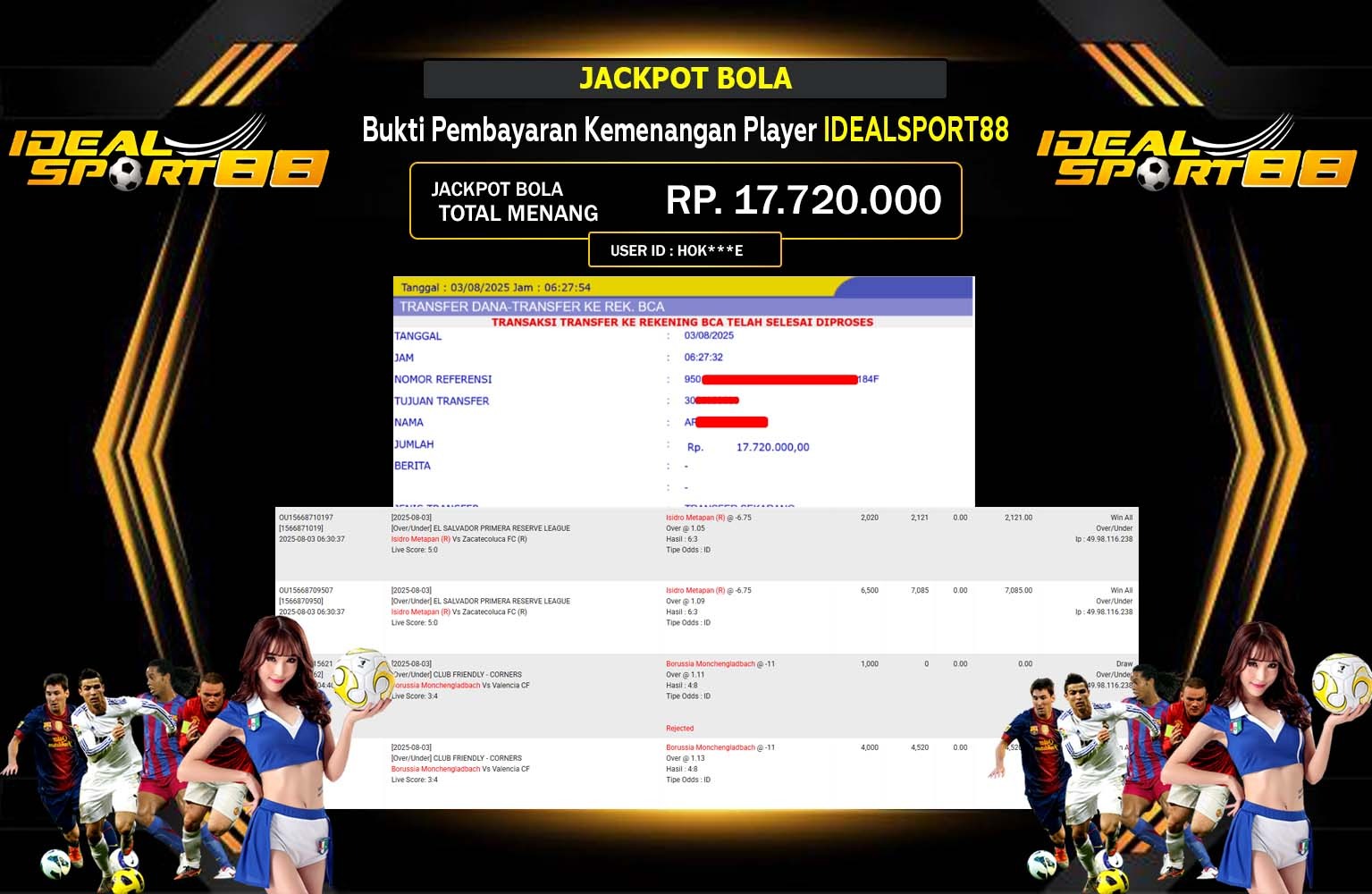 IDEALSPORT88 JACKPOT BOLA Rp.17.720.000,- LUNAS