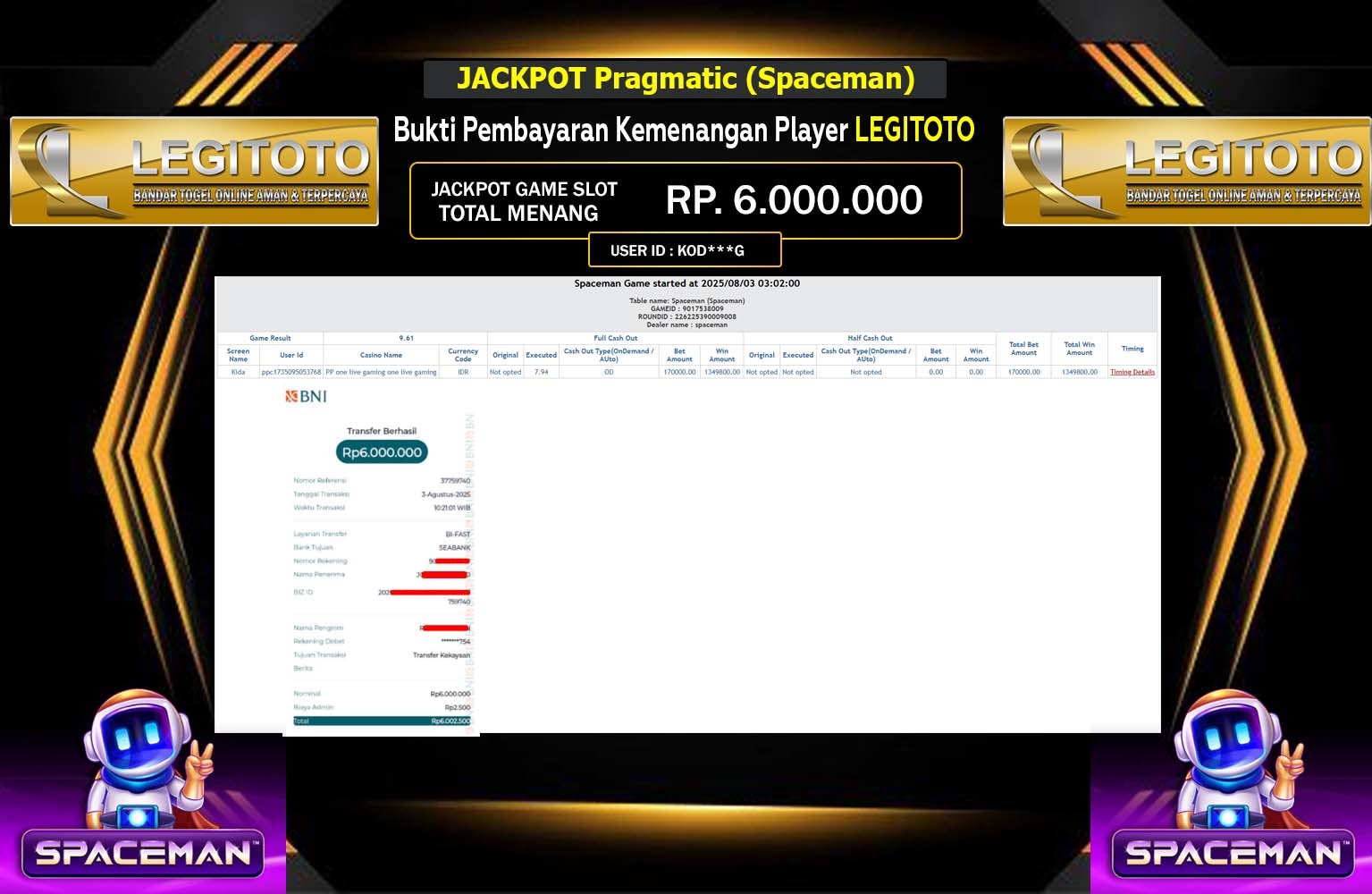 LEGITOTO JACKPOT Pragmatic (Spaceman) Rp.6.000.000,- LUNAS