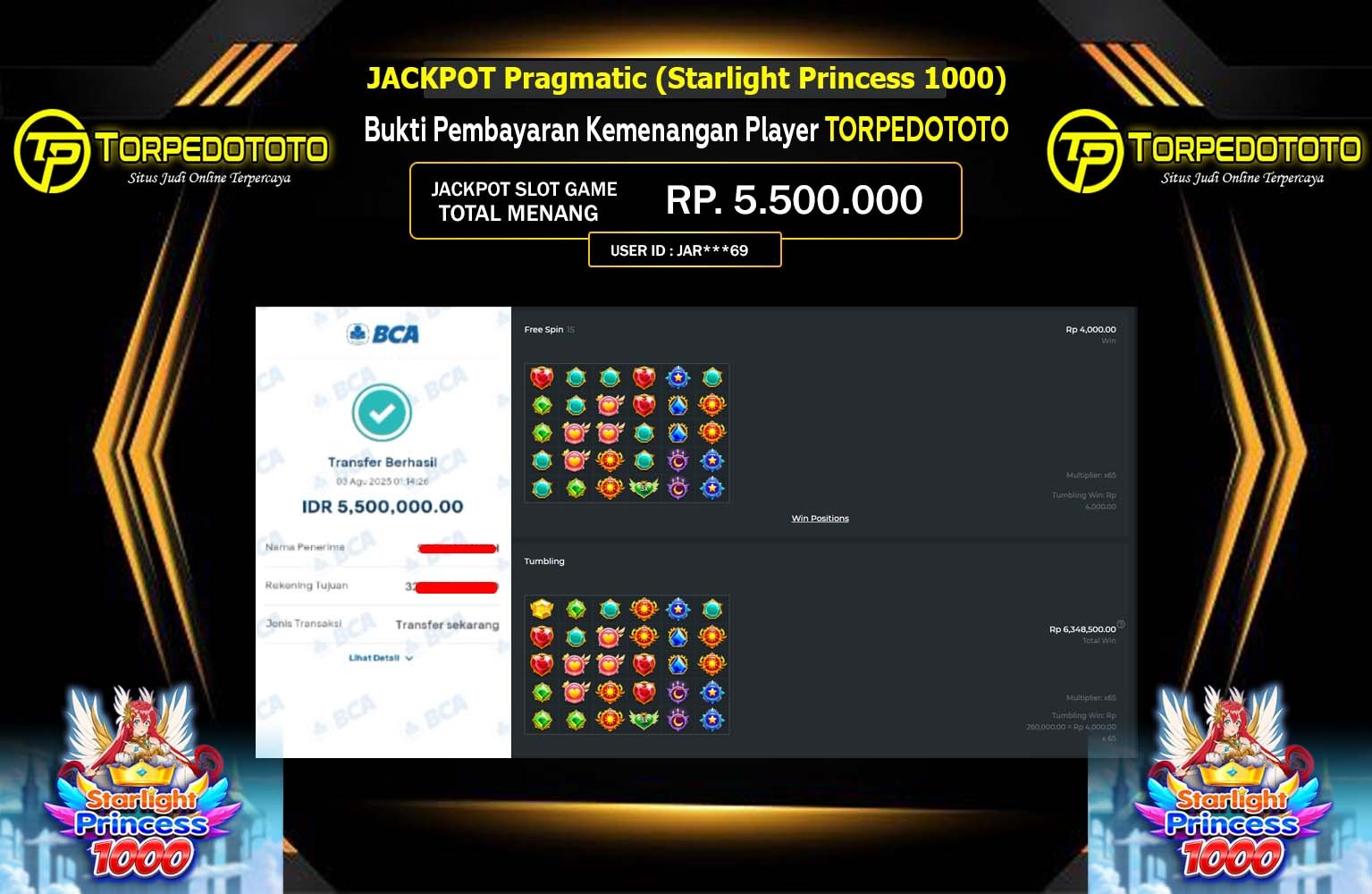 TORPEDOTOTO JACKPOT Pragmatic (Starlight Princess 1000) Rp.5.500.000,- LUNAS